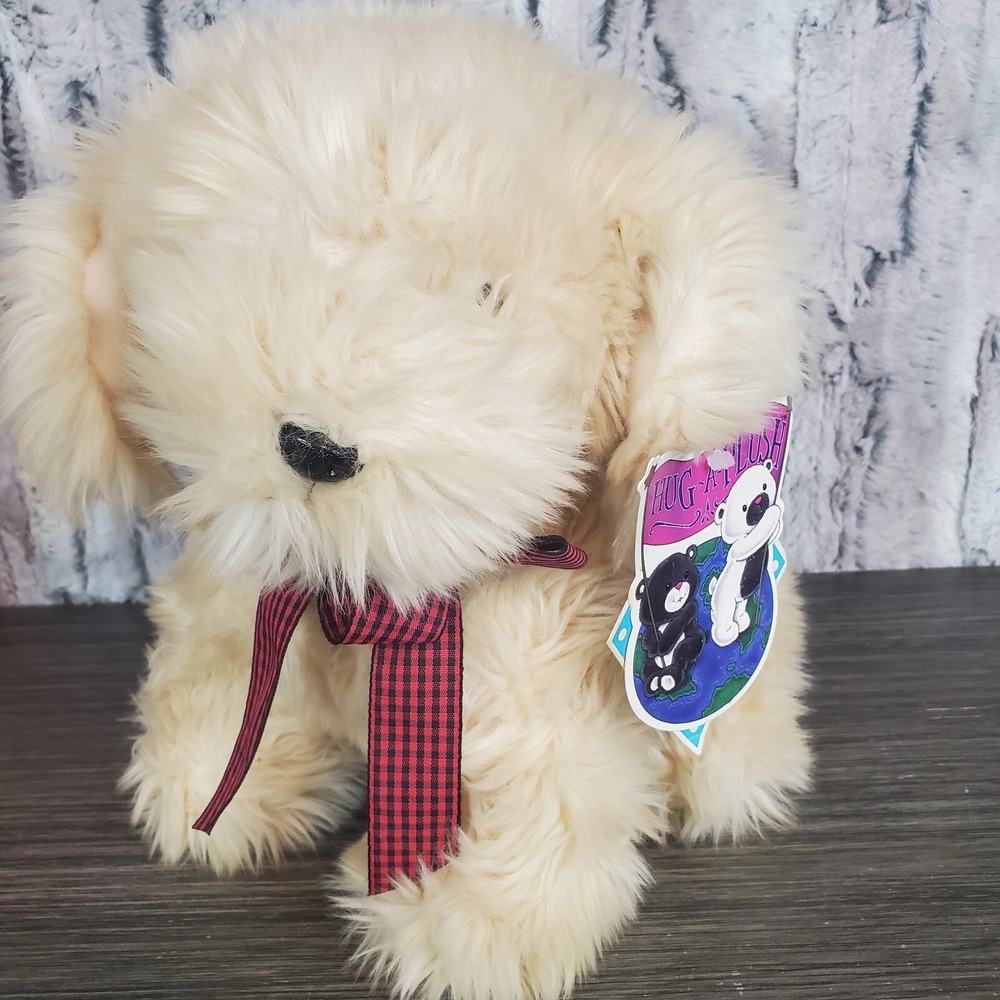 Vtg‎ Commonwealth Hug A Plush Beige Shaggy Dog 1991, 10" Red Gingham Bow